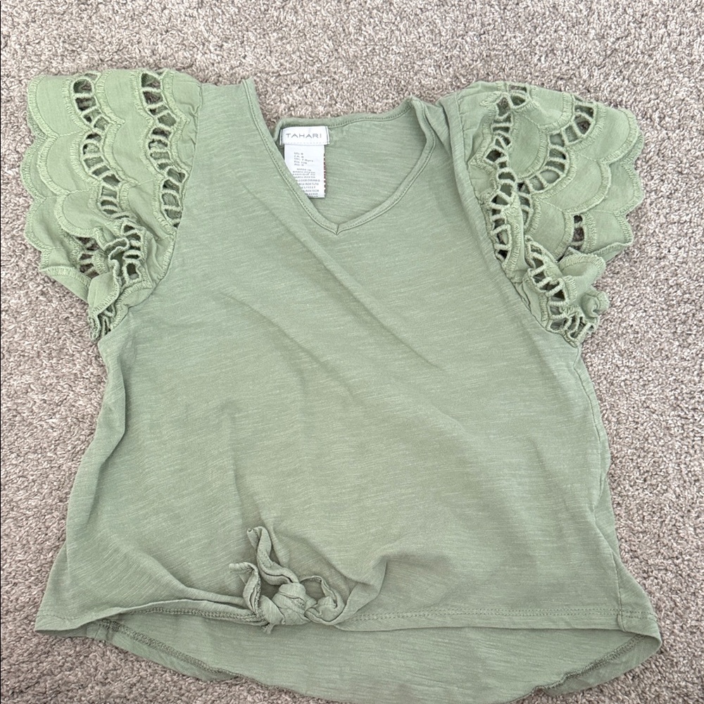 Tahari Sage Green V-Neck Top with Eyelet Flutter Sleeves